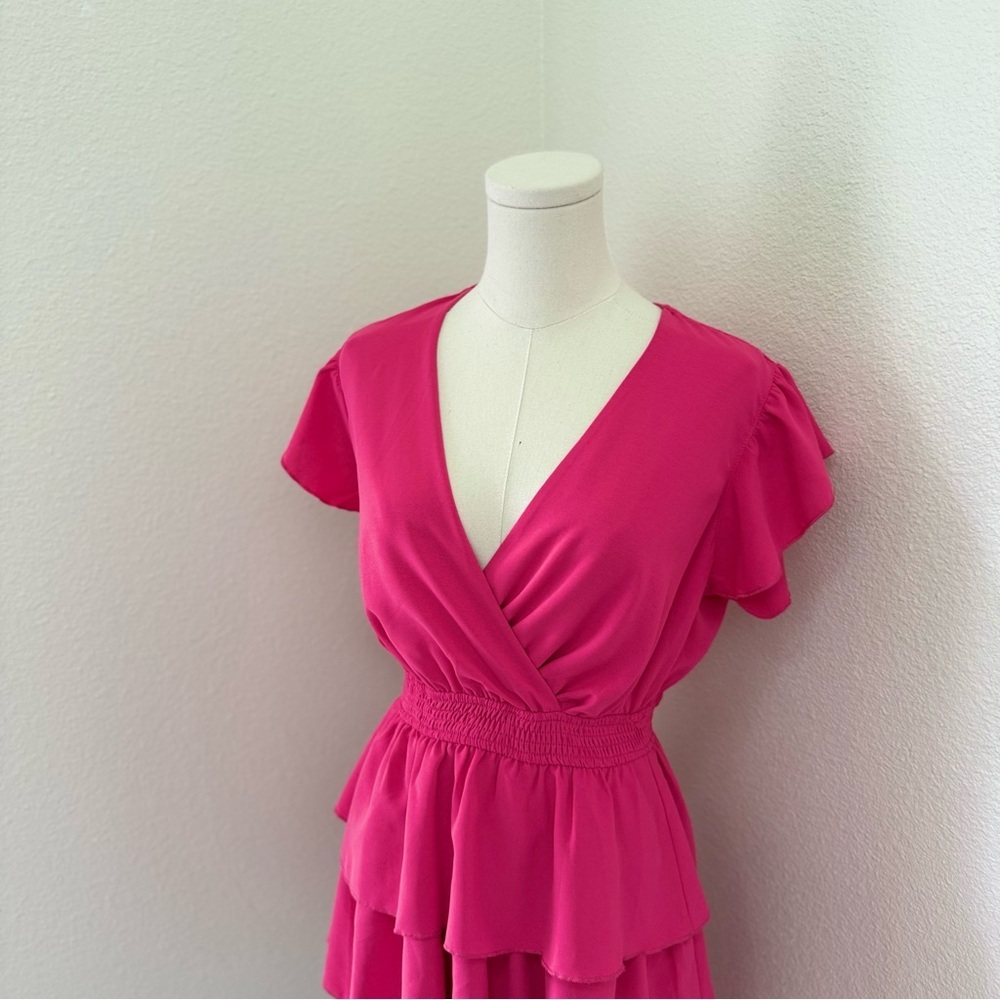 Ruffle Tiered V-Neck Mini Dress in Hot Pink - Picture 2 of 7